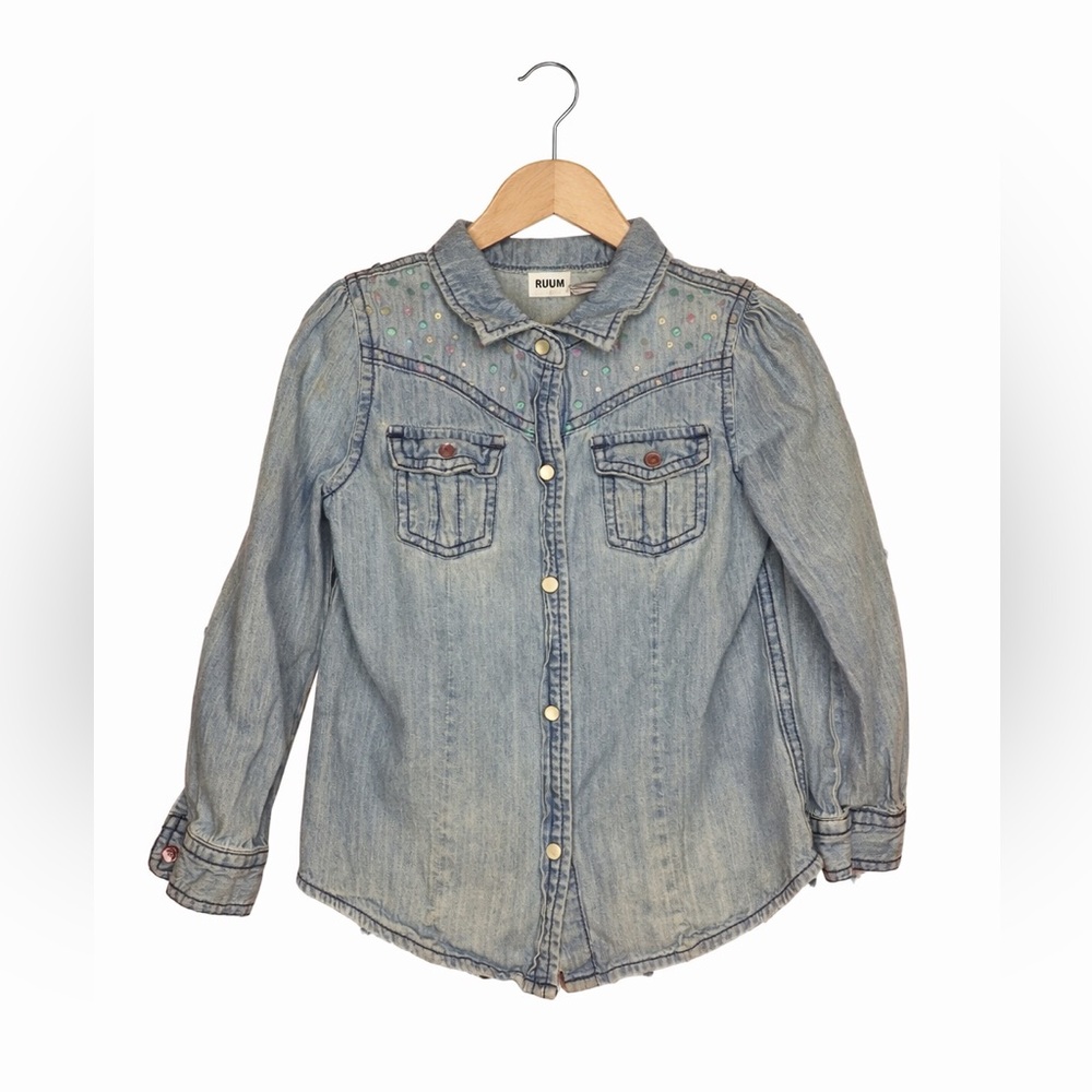 Ruum Kids Denim Rhinestone Distressed Shirt. Great Condition. Size 4t